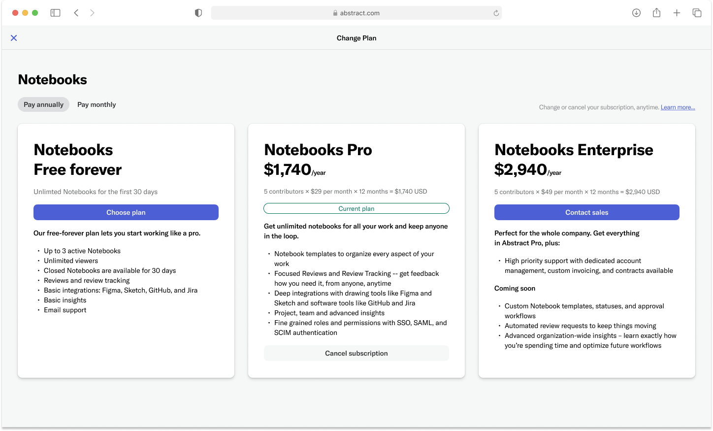 A screenshot of Abstract's Notebooks plans. There are 3 plans, each of them detailed on a card.