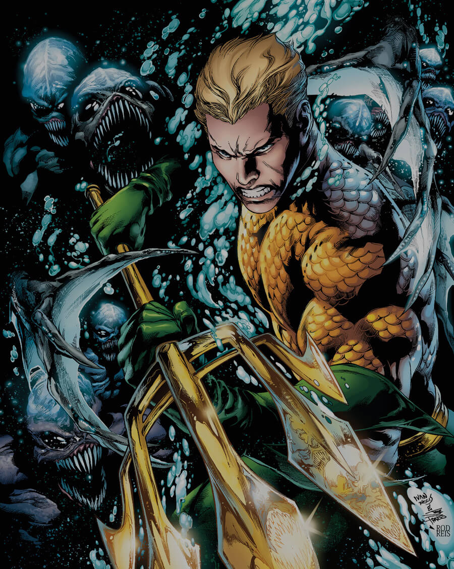 Aquaman fighting through monsters with his trident
