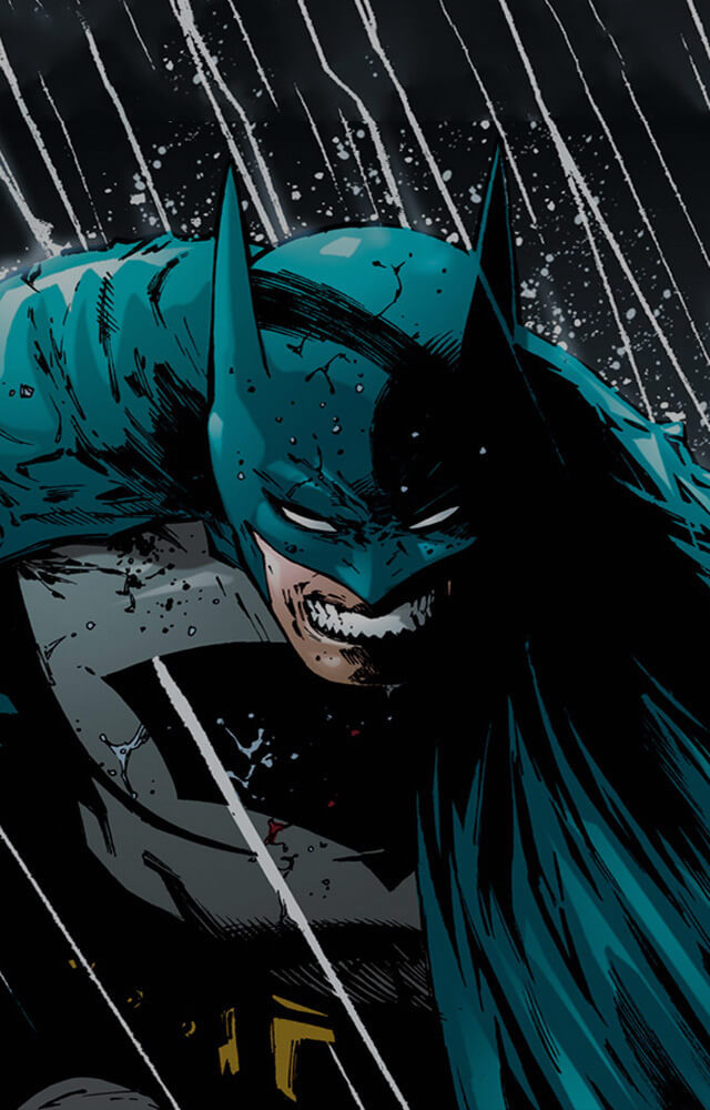 Batman looking like he just lept out of a window into the rainy street below