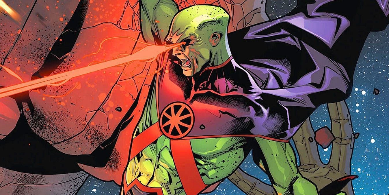 Martian Manhunter shooting lasers from his eyes during battle