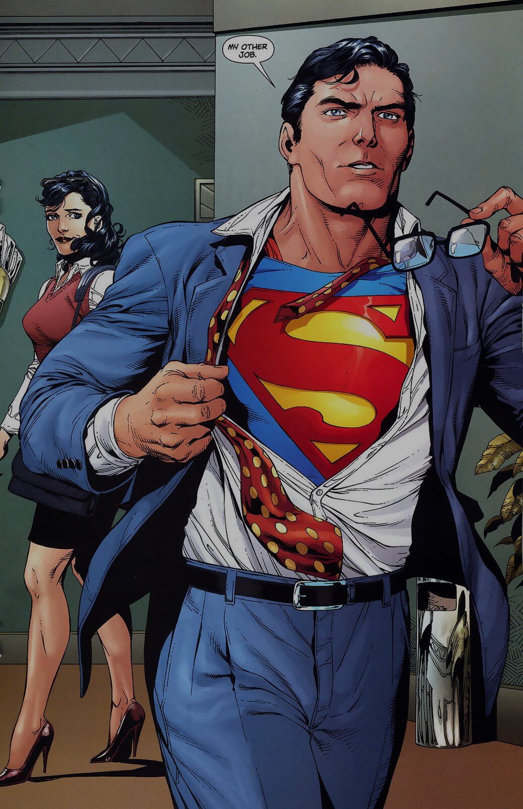 Clark Kent leaving The Daily Planet with a recently ripped shirt, displaying Superman's S